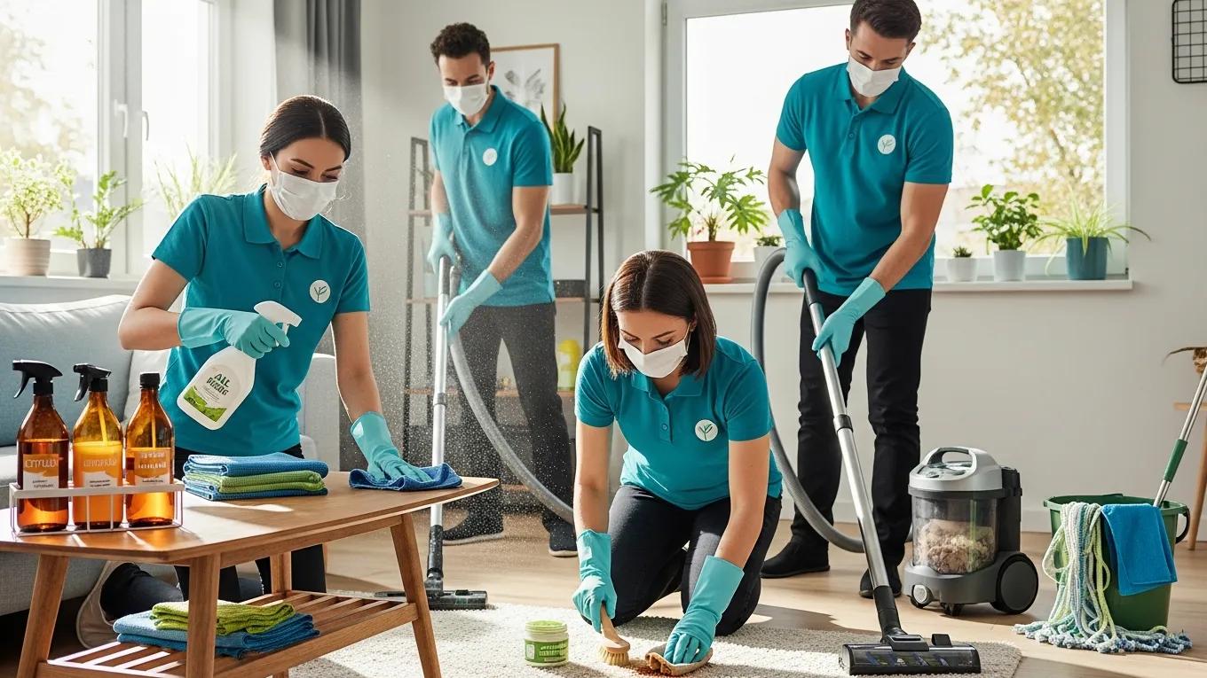 Professional cleaning team using eco-friendly products in a home