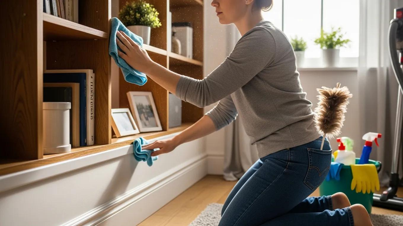 Person dusting shelves as part of a move out cleaning checklist