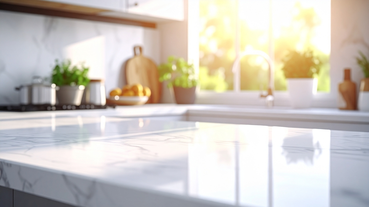 Maid service maintained spotless kitchen surfaces in a sunlit residential space.